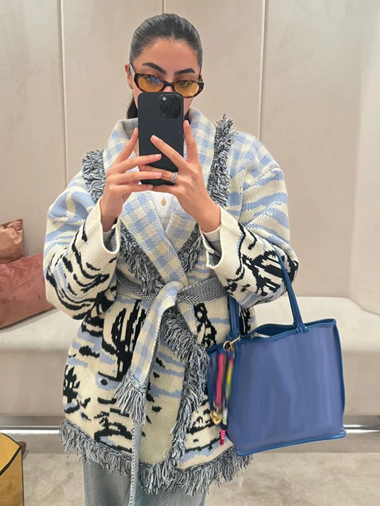 Tassel Fringe Trim - Print Knit Tassel Cardigan Women With
